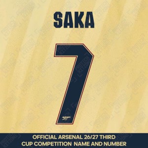 Saka 7 - Official Arsenal 2026/27 Third Cup Competition Name and Numbering