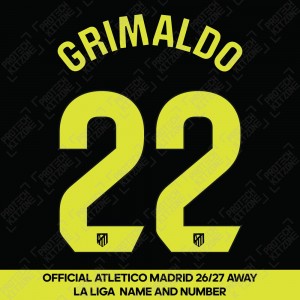 Grimaldo 22 (Official Atletico Madrid 2026/27 Away Name and Numbering - La Liga Version) Grimaldo 22 (Official Atletico Madrid 2026/27 Away Name and Numbering - La Liga Version)