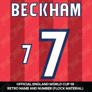 Beckham 7 (Official England World Cup 1998 Away Retro Name and Number - Flock Material)