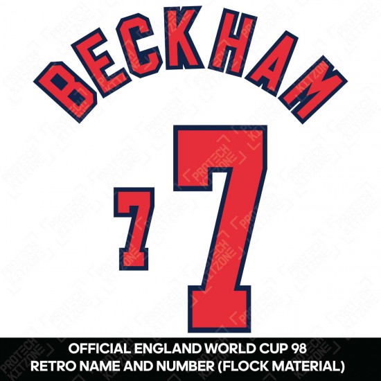 Beckham 7 (Official England World Cup 1998 Home Retro Name and Number - Flock Material)