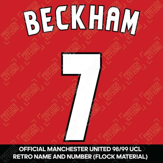 Beckham 7 (Official Manchester United 1998/99 UCL Home Retro Name and Number - Flock Material)